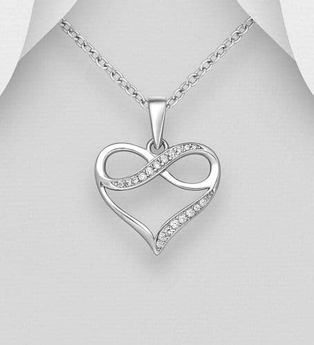 925 Sterling Silver Heart And Infinity Pendant & Chain Decorated with CZ Simulated Diamonds