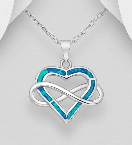 925 Sterling Silver Heart and Infinity Pendant & Chain Decorated With Lab-Created Opal