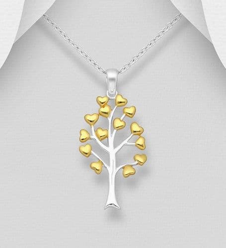 925 Sterling Silver Heart and Tree of Life Pendant & Chain, Heart Plated with18K Yellow Gold