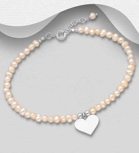 925 Sterling Silver Heart Bracelet Beaded with Freshwater Pearls