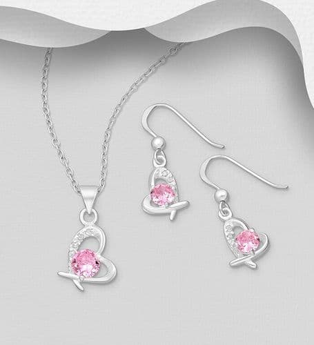 925 Sterling Silver Heart Earrings, Pendant Jewelry Set, Decorated with CZ Simulated Pink Diamonds