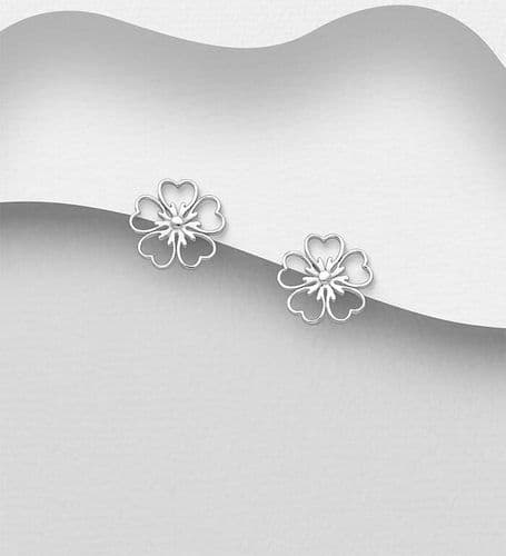925 Sterling Silver Heart Flower Design Push-Back/Stud Earrings