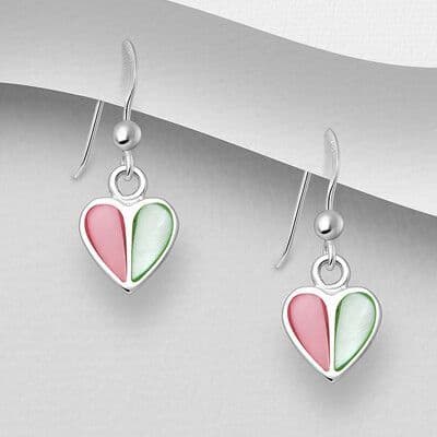 925 Sterling Silver Heart Hook Earrings, Decorated with Mother of Pearl Shell