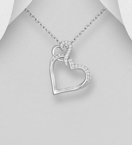925 Sterling Silver Heart Links Pendant & Chain Decorated with CZ Simulated Diamonds