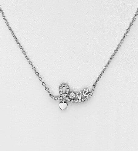 925 Sterling Silver Heart "Love" Necklace with CZ Simulated Diamonds