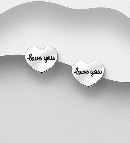 925 Sterling Silver Heart "love you" Push-Back Stud Earrings Decorated With Colored Enamel