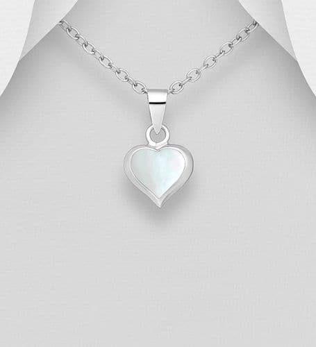 925 Sterling Silver Heart Pendant & Chain, Decorated with Mother of Pearl Shell