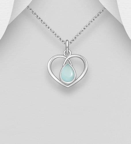 925 Sterling Silver Heart Pendant & Chain Set with Light Sky Blue Chalcedony