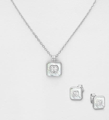 925 Sterling Silver Heart Push-Back Earrings and Necklace Jewelry Set, Set with Shell