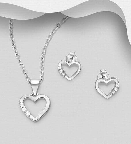 925 Sterling Silver Heart Push-Back Earrings and Pendant & Chain Jewelry Set, With CZ Stones
