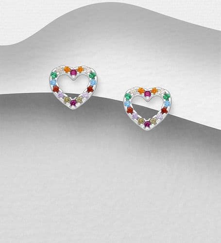 925 Sterling Silver Heart Push-Back/Stud Earrings, Decorated with Colourful CZ Simulated Diamonds