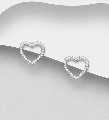 925 Sterling Silver Heart Push‑Back / Stud Earrings, Decorated with CZ Simulated Diamonds
