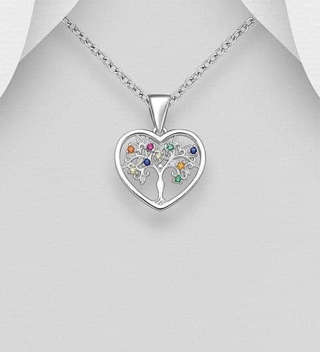 925 Sterling Silver Heart Tree of Life Pendant & Chain, Decorated with Colourful CZ Simulated Diamon