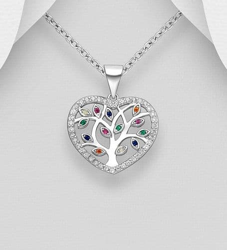 925 Sterling Silver Heart Tree of Life Pendant & Chain with a Rainbow Colourful CZ Stones