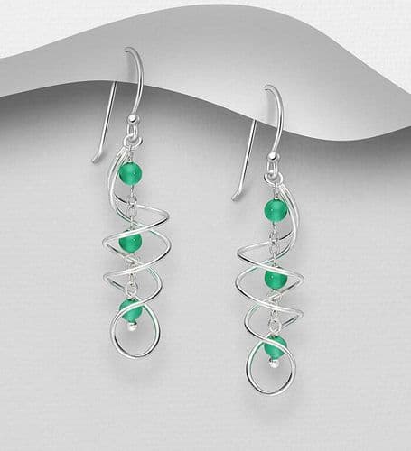 925 Sterling Silver Hook/Drop Earrings, Beaded with Green Onyx Beads