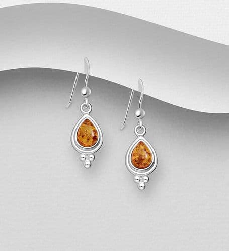 925 Sterling Silver Hook/Drop Earrings, Decorated with Baltic Amber