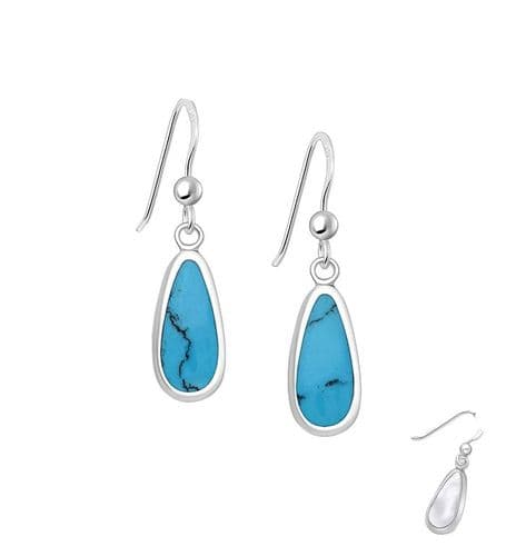 925 Sterling Silver Hook/Drop Earrings, Decorated with Sky Blue Turquoise & Mother of Pearl