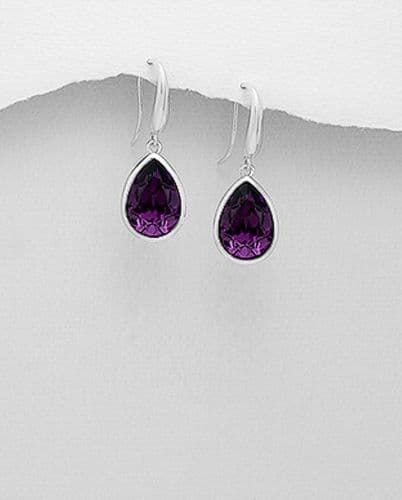 925 Sterling Silver Hook Earrings Decorated with Fine Austrian Crystal In The Colour Of Amethyst