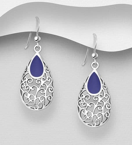 925 Sterling Silver Hook Earrings, Decorated with Navel Blue Resin