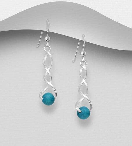 925 Sterling Silver Hook Earrings, Decorated with Reconstructed Turquoise Beads