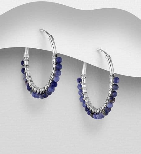925 Sterling Silver Hoop Earrings, Beaded with Sodalite Gemstone Beads
