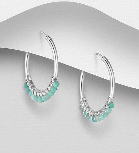 925 Sterling Silver Hoop Earrings, Beaded with Sodalite Gemstone Beads
