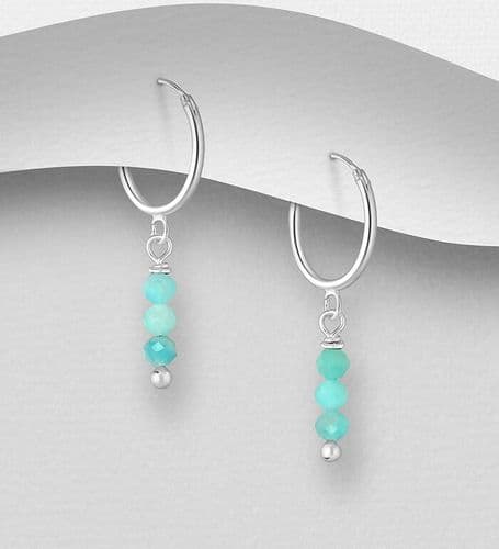 925 Sterling Silver Hoop Earrings, Decorated with Chysocolla Gemstones