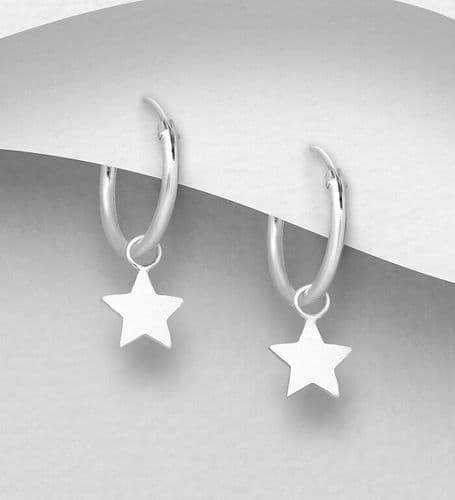925 Sterling Silver Hoop Earrings Featuring A Drop Plain Polished Star Charm