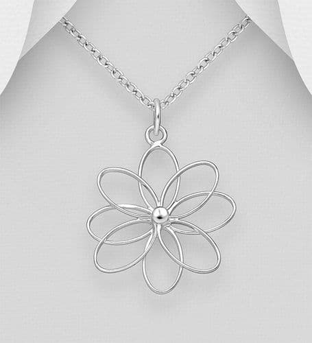 925 Sterling Silver Intricate Open Work Flower Pendant & Chain