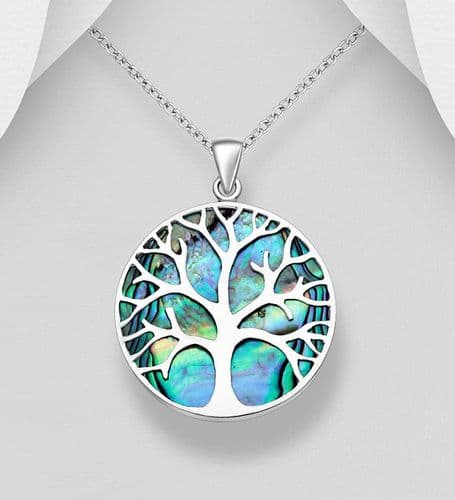 925 Sterling Silver Large Round Tree of Life Pendant & Chain, Decorated with Abalone Shell