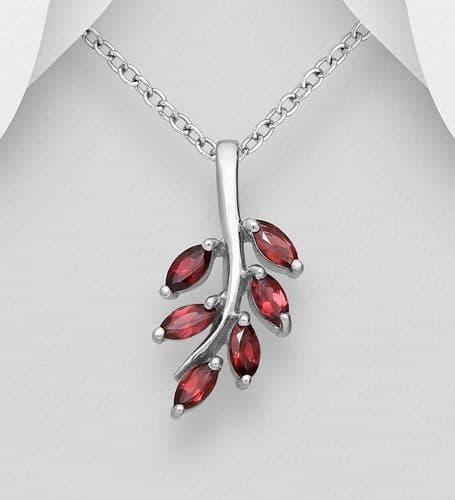 925 Sterling Silver Leaf Pendant & Chain, Decorated with Garnets Gemstones