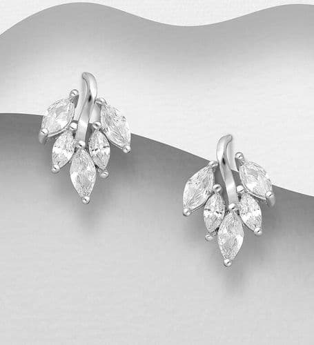 925 Sterling Silver Leaf Stud Earrings, Decorated with CZ Simulated Diamonds - touch of elegance