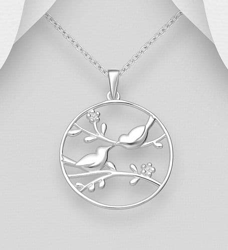 925 Sterling Silver Love Birds on Branch Pendant & Chain