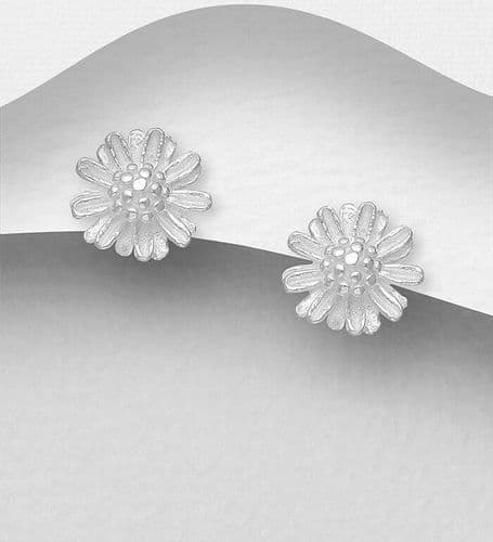 925 Sterling Silver Matt & Polished Flower Push-Back/Stud Earrings