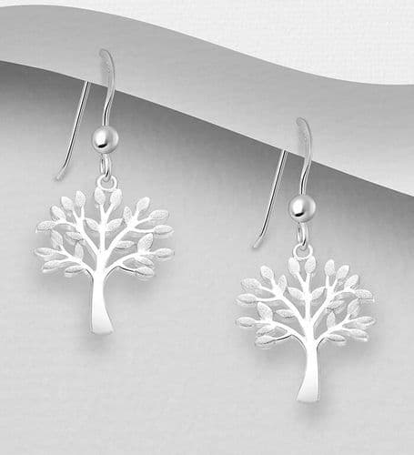 925 Sterling Silver Matte Tree Of Life Drop Earrings