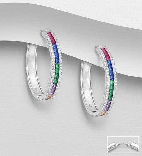 925 Sterling Silver Medium Size Hoop Earrings, Adorned with Vibrant CZ Simulated Diamonds