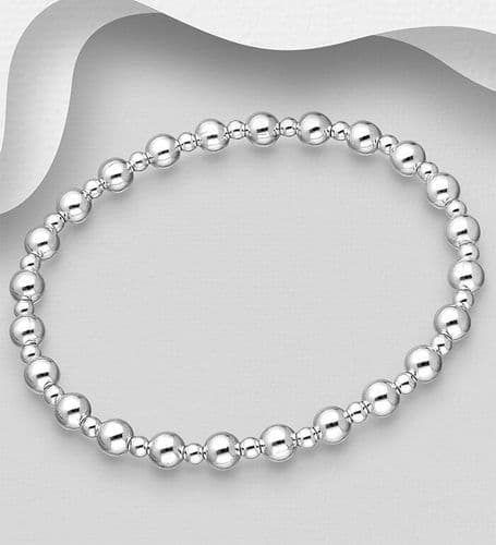 925 Sterling Silver Mixed Beaded Ball Elastic Bracelet: Ball:3 - 5 mm