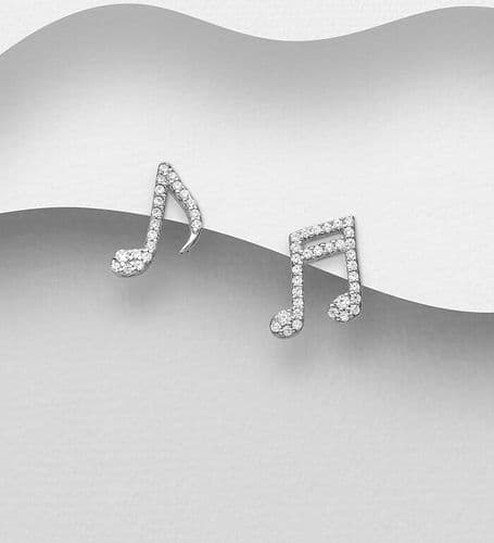 925 Sterling Silver Music Note Stud Earrings, Decorated with CZ Simulated Diamonds