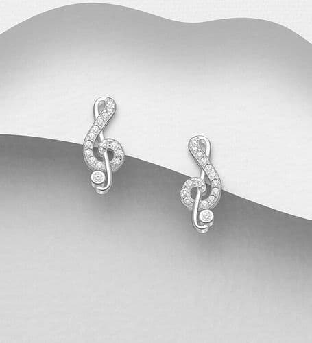 925 Sterling Silver Music Notes Stud Earrings, Encrusted with CZ Simulated Diamonds