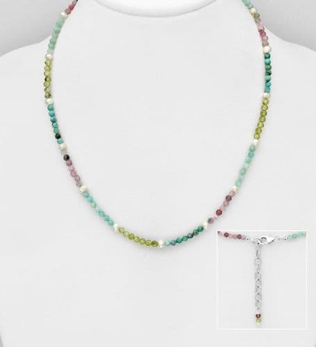 925 Sterling Silver Necklace, Beaded with Amazonite, Amethyst, Freshwater Pearls, Peridot