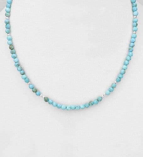 925 Sterling Silver Necklace, Beaded with Reconstructed Sky Blue Turquoise