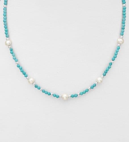 925 Sterling Silver Necklace, Beaded with Reconstructed Turquoise and Freshwater Pearls