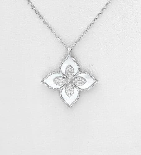 925 Sterling Silver Necklace, Decorated with CZ Stones & Mother of Pearl Shell - 39.4 - 44.4 cm