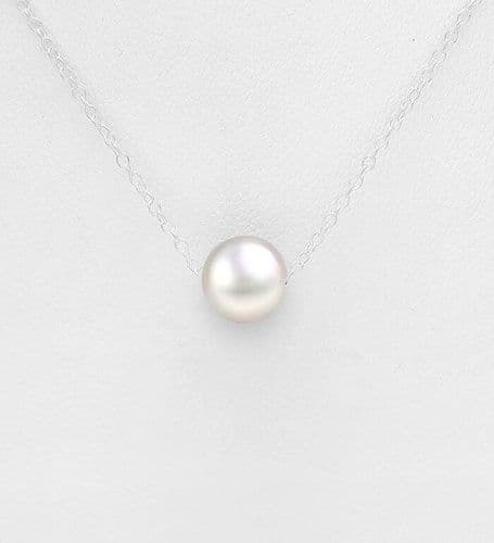 925 Sterling Silver Necklace with a White Freshwater Pearl Length: 15"-17"