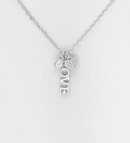 925 Sterling Silver Necklace, with "LOVE" and Heart Charm, Decorated with CZ Simulated Diamonds