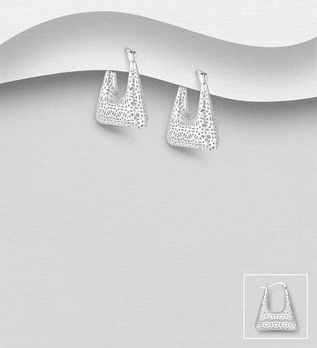925 Sterling Silver Oblong Filigree Hinged-Back Hoop Earrings