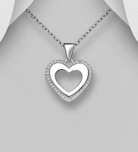 925 Sterling Silver Open Heart Pendant & Chain, Decorated with CZ Simulated Diamonds