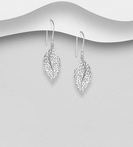 925 Sterling Silver Open Work Leaf Hook/Drop Earrings