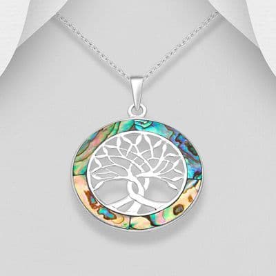 925 Sterling Silver Open Work Tree of Life Pendant & Chain Decorated With Abalone Shell