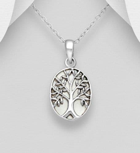 925 Sterling Silver Oval Shape Tree of Life Pendant & Chain Set  With White Mother of Pearl